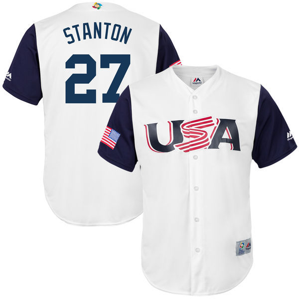 customized Men USA Baseball #27 Giancarlo Stanton Majestic White 2017 World Baseball Classic Replica Jersey
